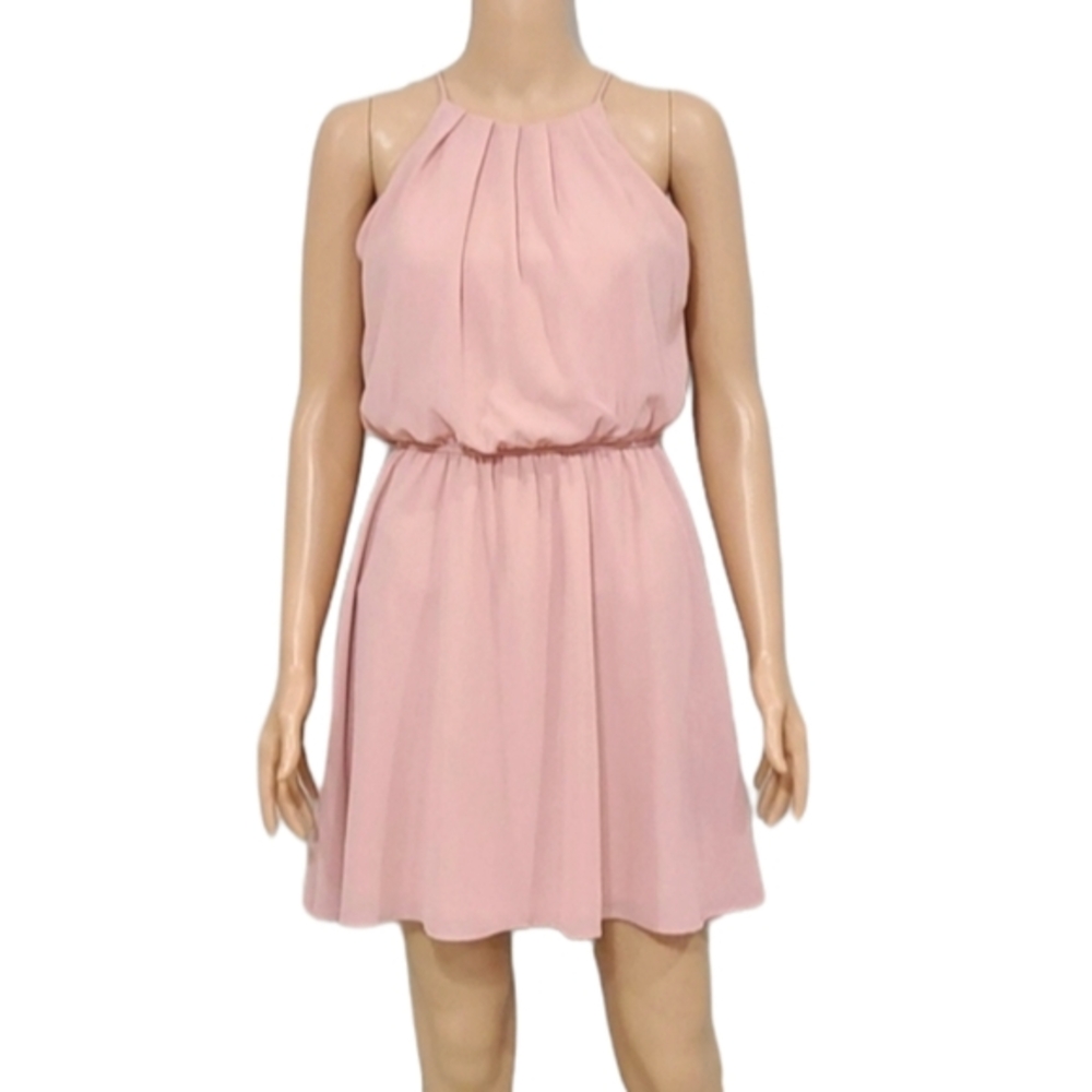 Awesome21 Women's High Neck Pleated Dress w/Waistband Pink Size Small‎
